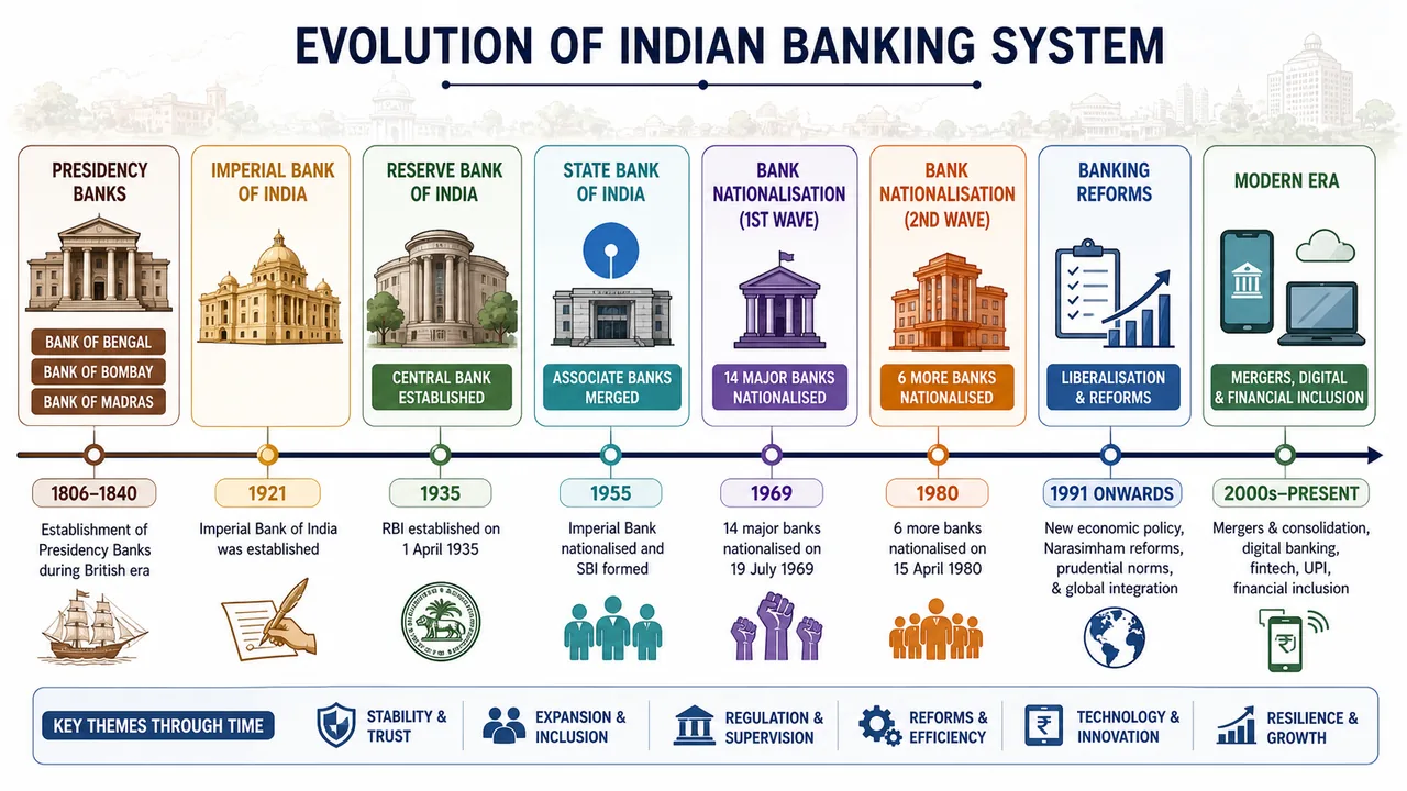 Timeline of Indian banking evolution from Presidency Banks and Imperial Bank to RBI, SBI, bank nationalisation, liberalisation reforms, and the modern digital era
