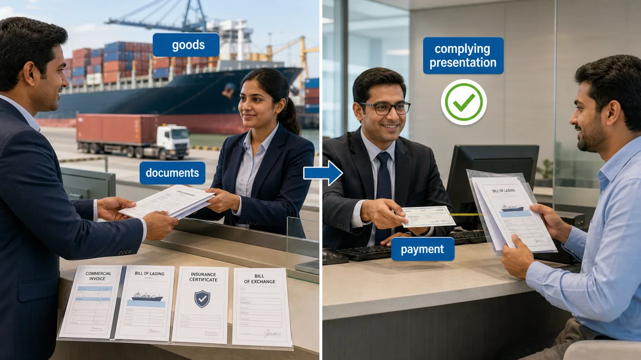 Letter of credit documentary compliance in banking showing banks checking invoice, bill of lading, insurance certificate, and bill of exchange instead of the physical goods