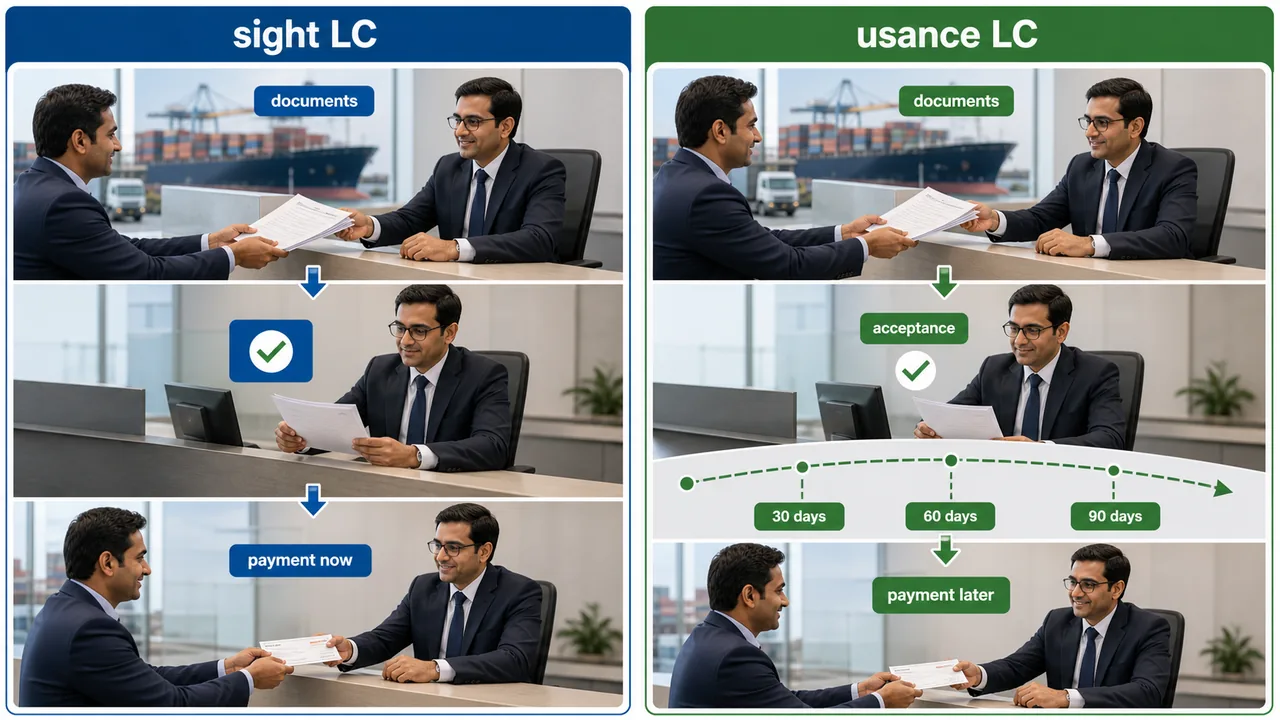 Sight letter of credit versus usance letter of credit comparison showing immediate payment on compliant documents versus deferred payment after acceptance and credit period