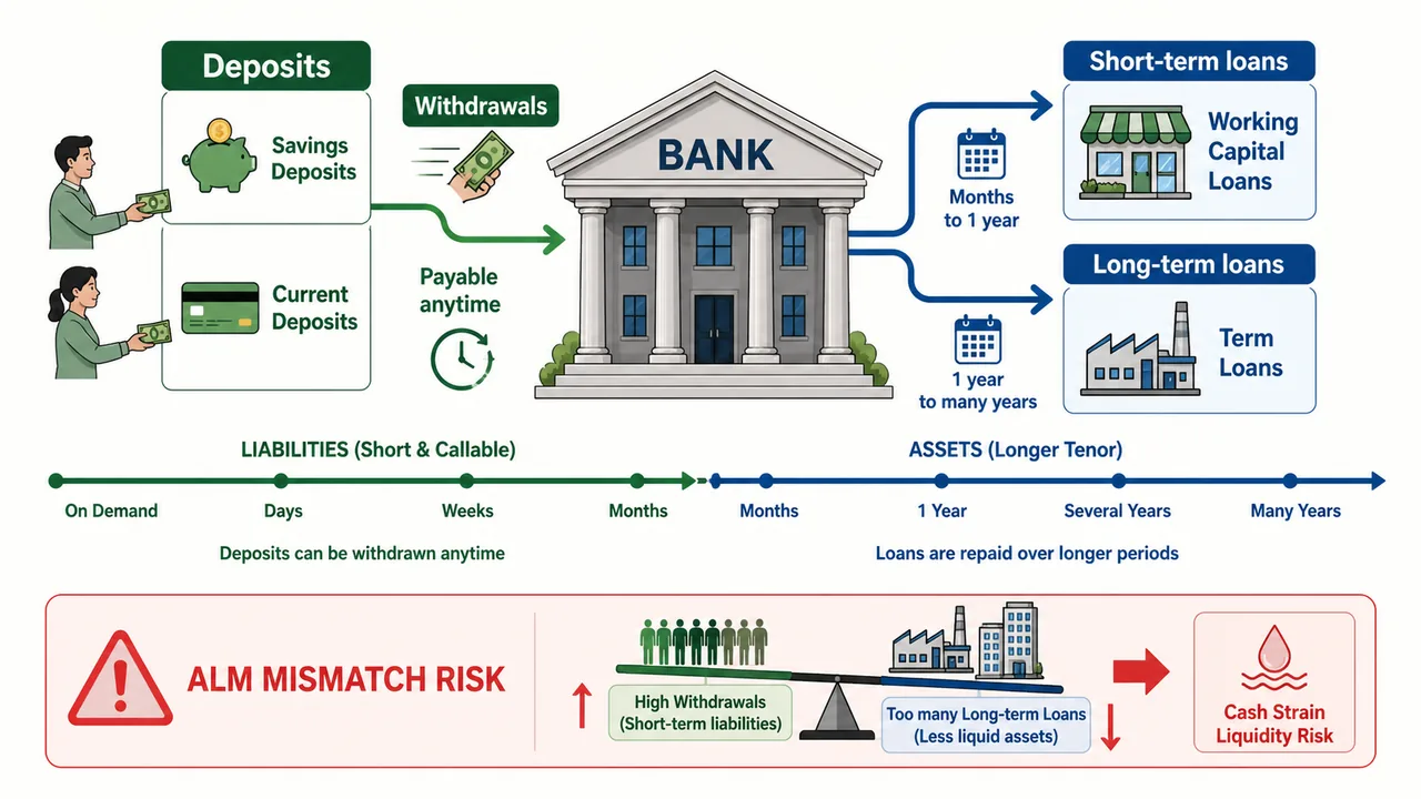 Bank liquidity and asset liability mismatch diagram showing depositor withdrawals, short-term deposits, and longer-tenor loans in sound lending