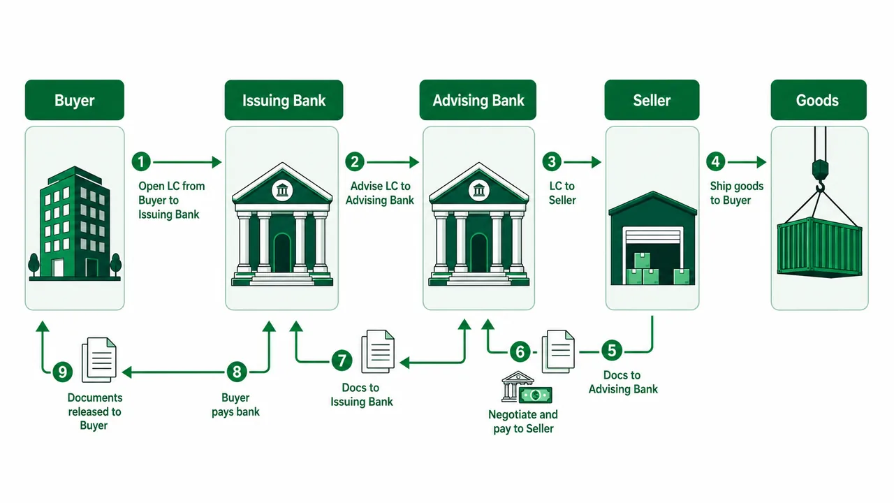 Letter of credit document flow showing buyer, issuing bank, advising bank, seller, shipment documents, negotiation, payment, and document release