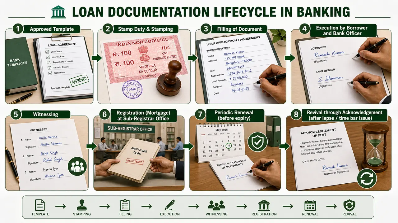 Loan documentation lifecycle in banking from approved template and stamp duty through execution, witnessing, registration, renewal, and revival