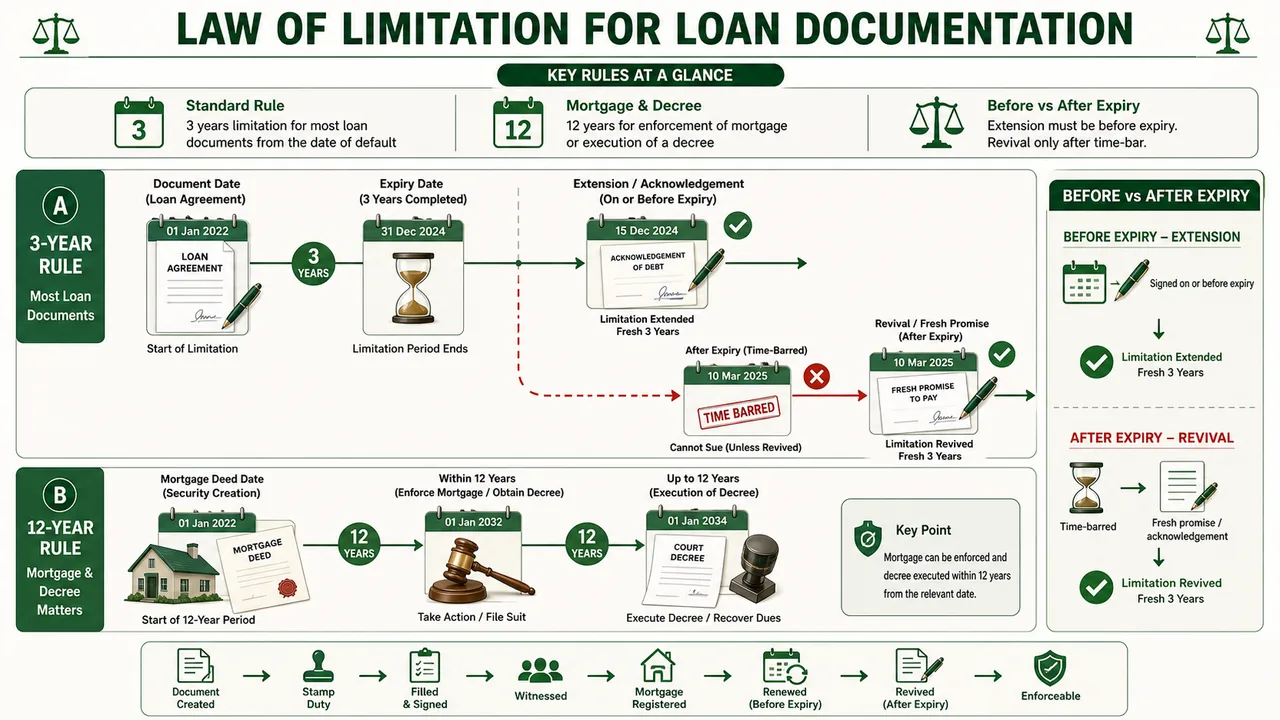 Bank loan limitation timeline showing the 3-year standard rule, 12-year mortgage and decree window, and extension before expiry versus revival after time bar