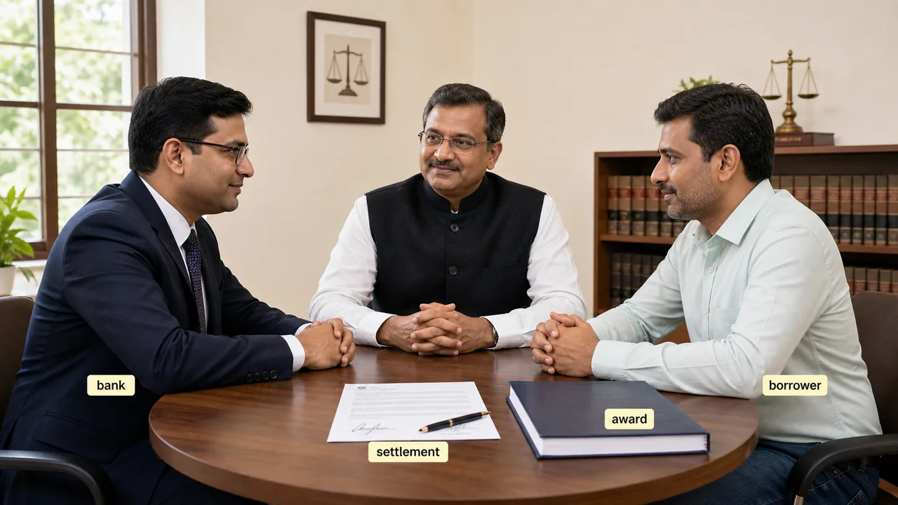 Lok Adalat compromise settlement in banking recovery showing a bank officer, borrower, and mediator agreeing on a mutually accepted award