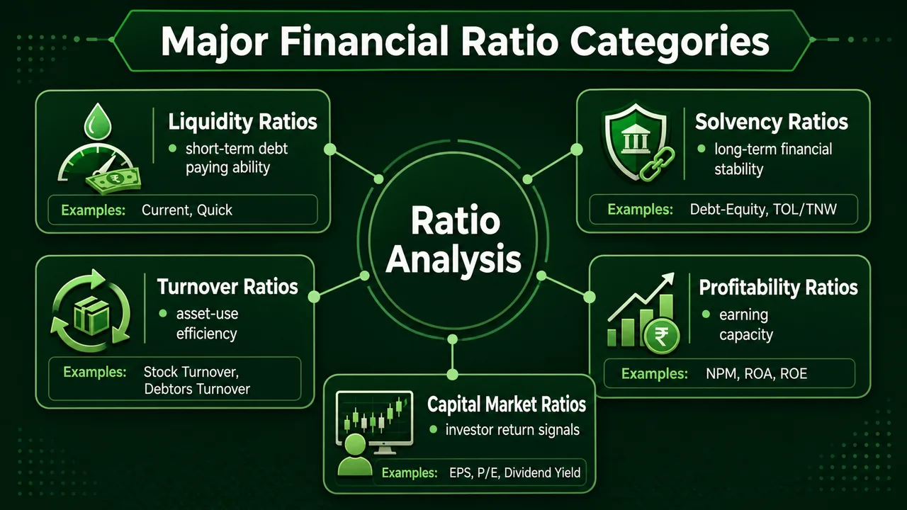 Major financial ratio categories in banking exams showing liquidity, solvency, turnover, profitability, and capital market ratios