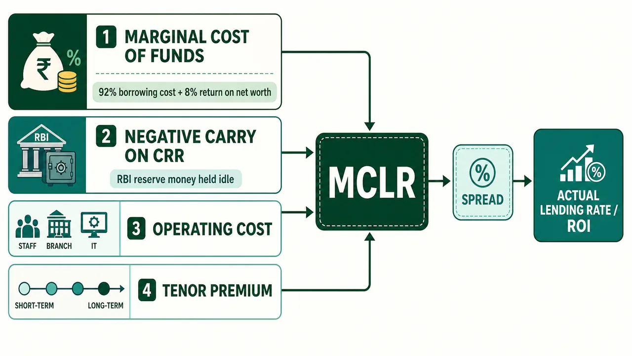 MCLR components breakdown in banking showing marginal cost of funds, negative carry on CRR, operating cost, tenor premium, and the added spread