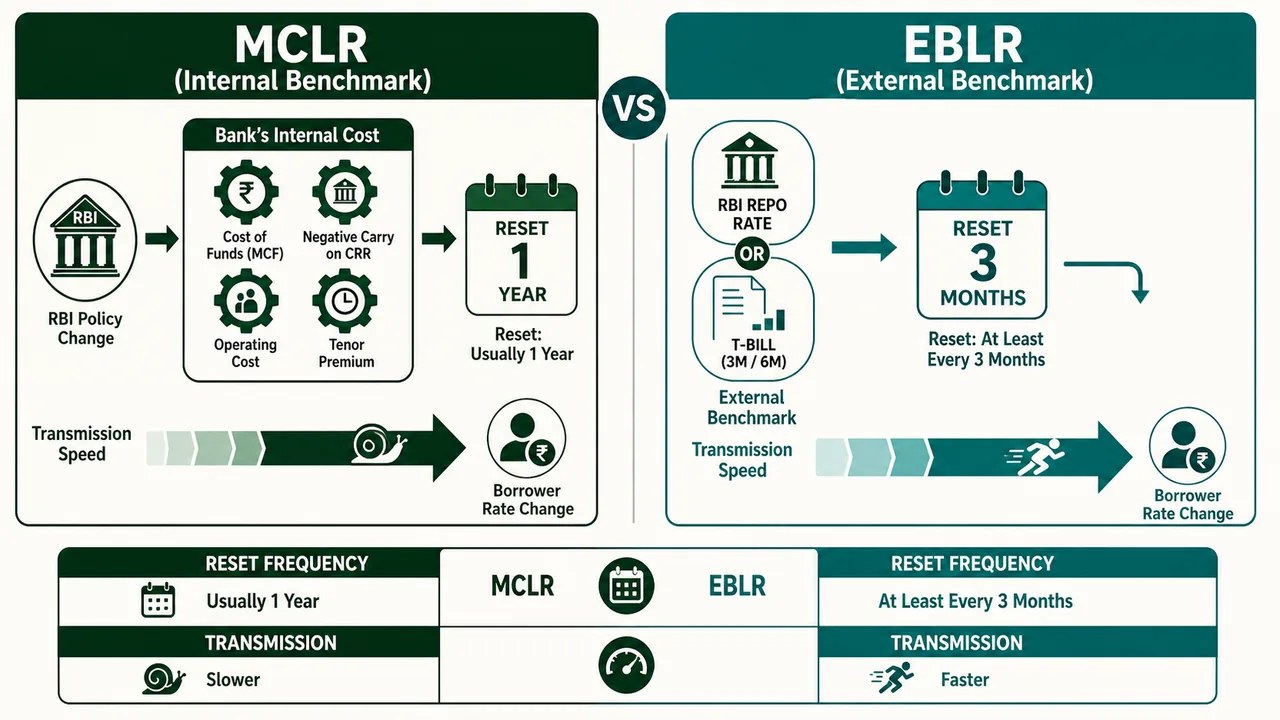 MCLR versus EBLR comparison in banking showing internal versus external benchmark, yearly versus quarterly reset, and slower versus faster rate transmission
