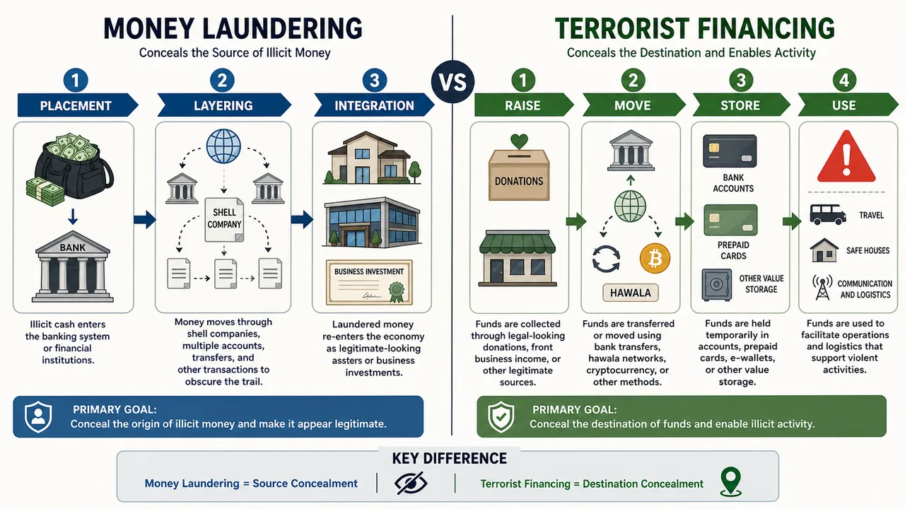 Money laundering versus terrorist financing flow comparison for banking exams showing source concealment in placement-layering-integration and destination concealment in raise-move-store-use