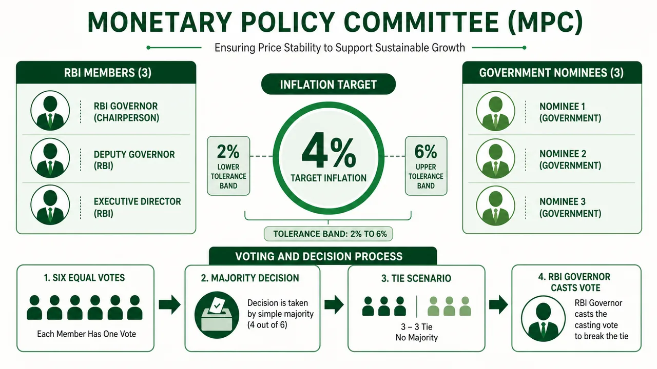 Monetary Policy Committee structure showing three RBI members, three government nominees, the 4 percent inflation target with 2 to 6 percent band, and tie-breaking casting vote