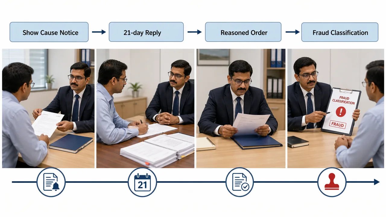 Natural justice flow in loan fraud classification showing show cause notice, 21-day reply, reasoned order, and final classification