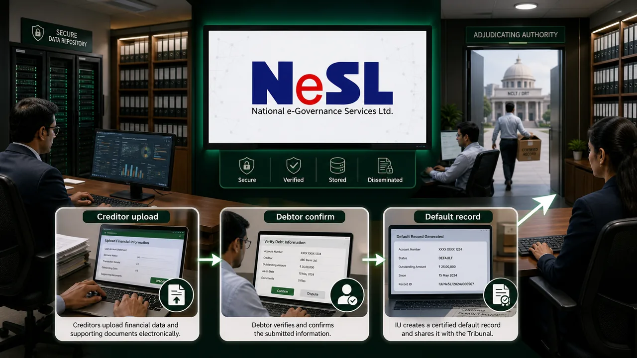 NeSL information utility workflow under IBC showing creditor upload, debtor confirmation, and certified default record flow for tribunal use