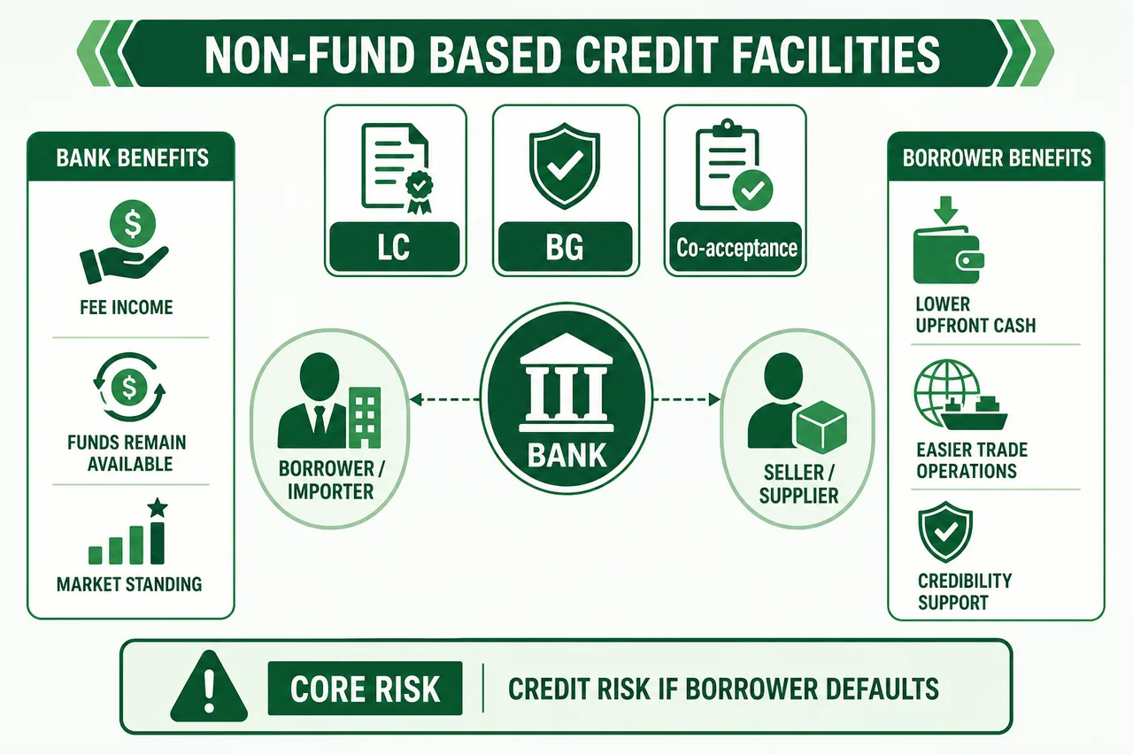 Non-fund based credit facilities in banking showing LC, bank guarantee, and co-acceptance with bank benefits, borrower benefits, and default risk
