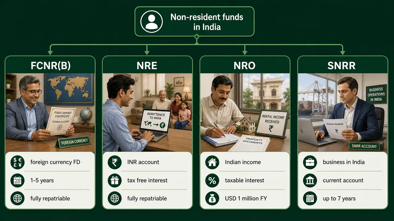 Non-resident deposit account comparison showing FCNR(B), NRE, NRO, and SNRR by currency, tax treatment, and repatriation scope