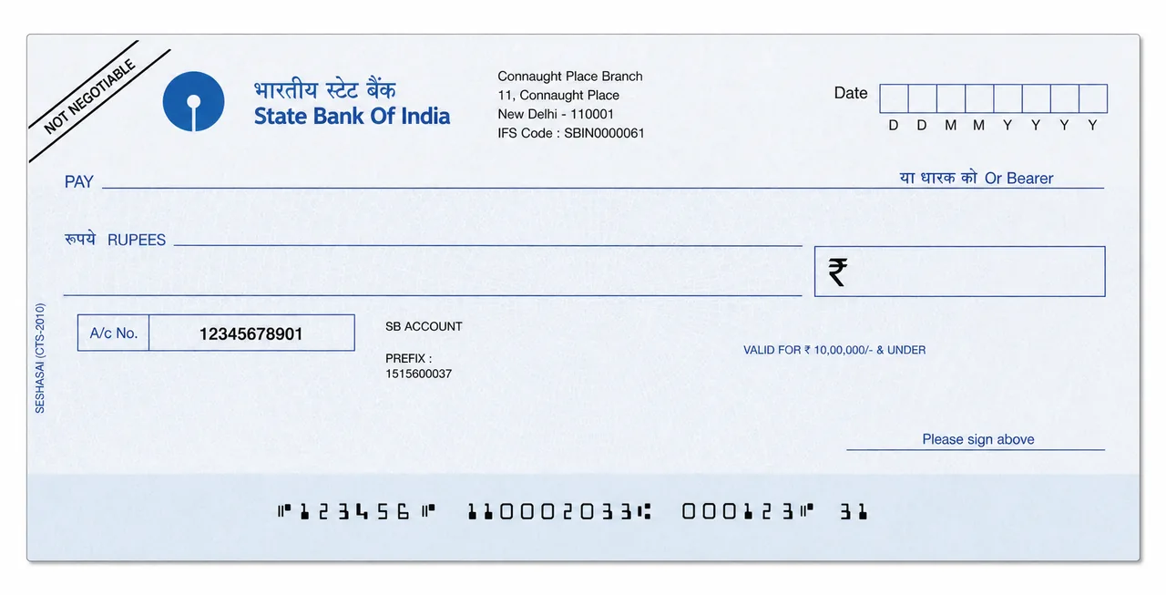 Realistic cheque specimen showing not negotiable crossing between crossing lines