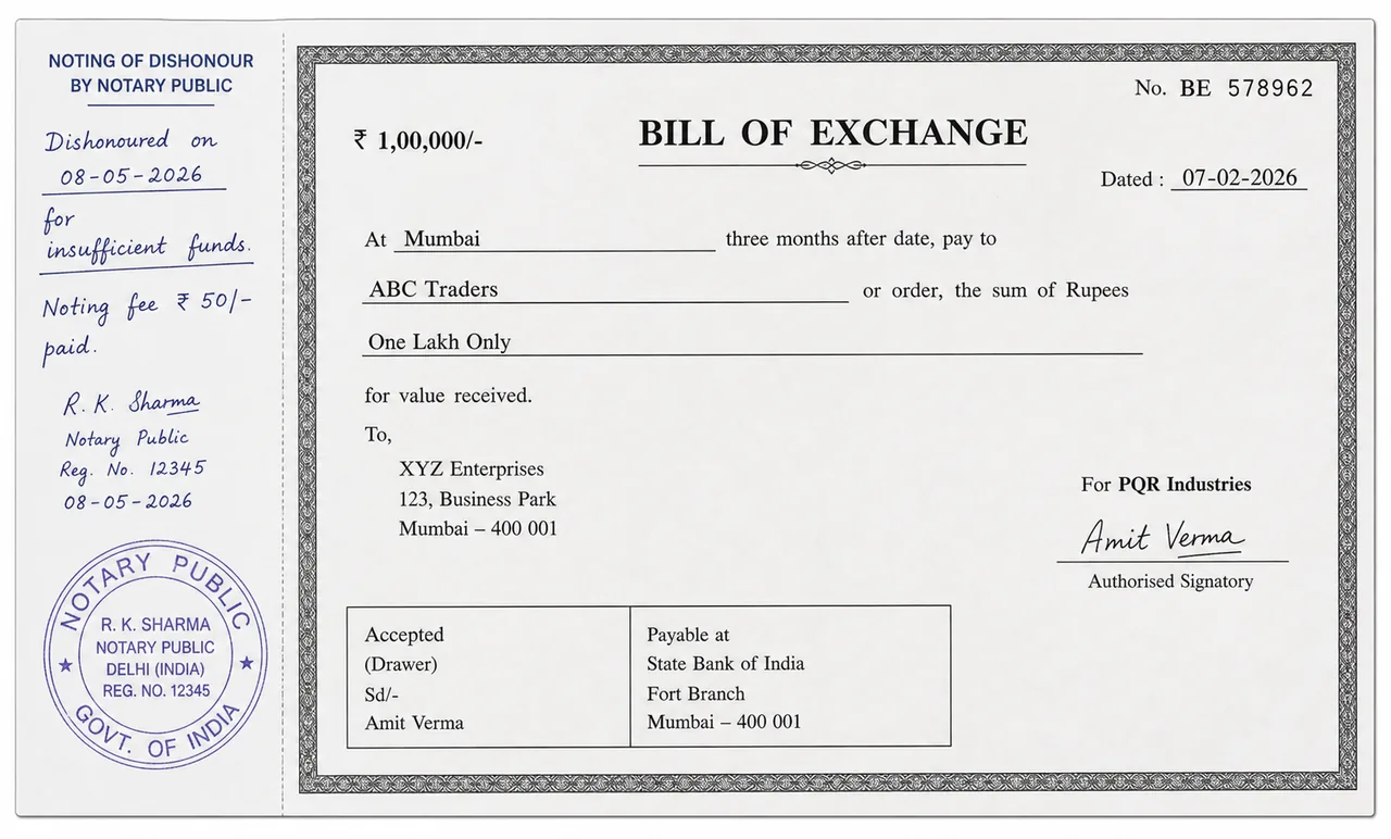 Dishonoured bill of exchange with notary noting recorded on the instrument margin