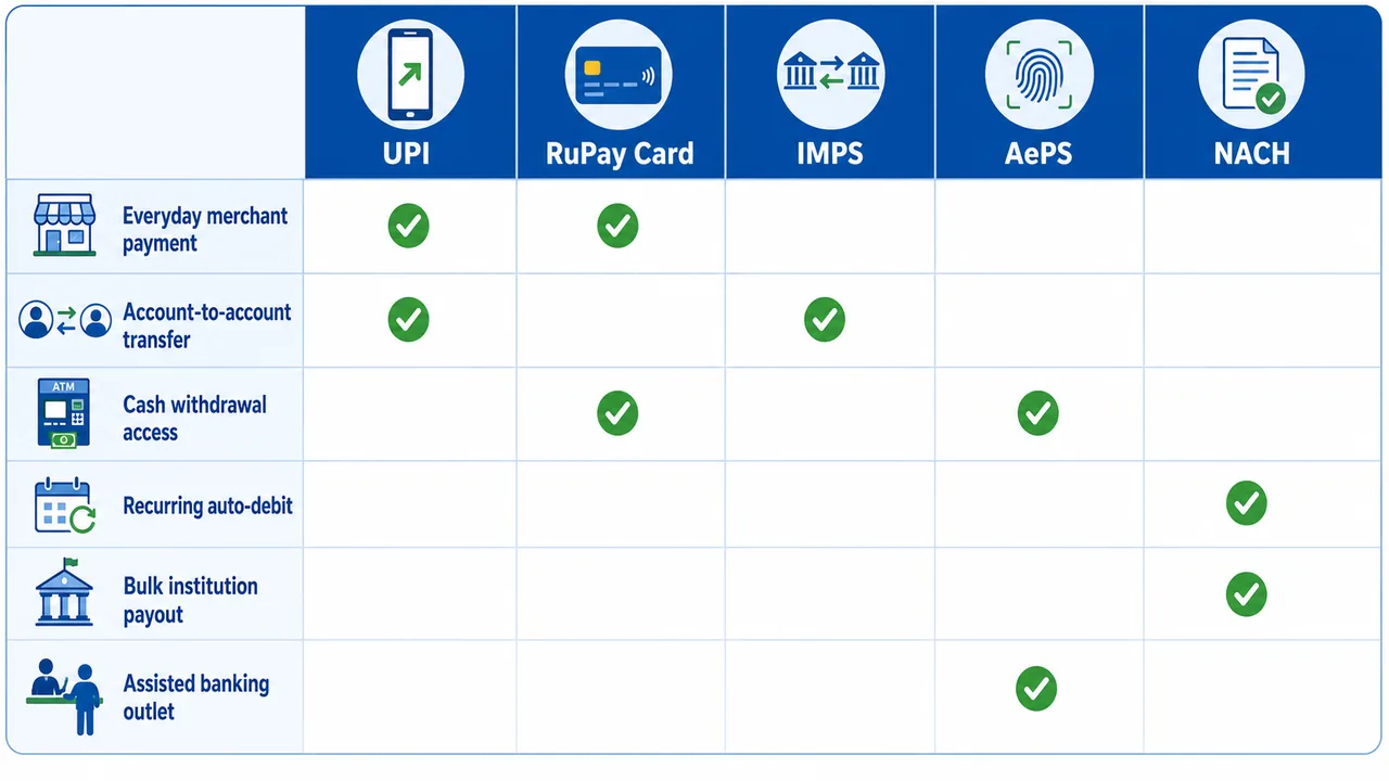 Use-case matrix comparing UPI, RuPay Card, IMPS, AePS, and NACH across merchant payments, account transfers, cash access, recurring debits, bulk payouts, and assisted banking