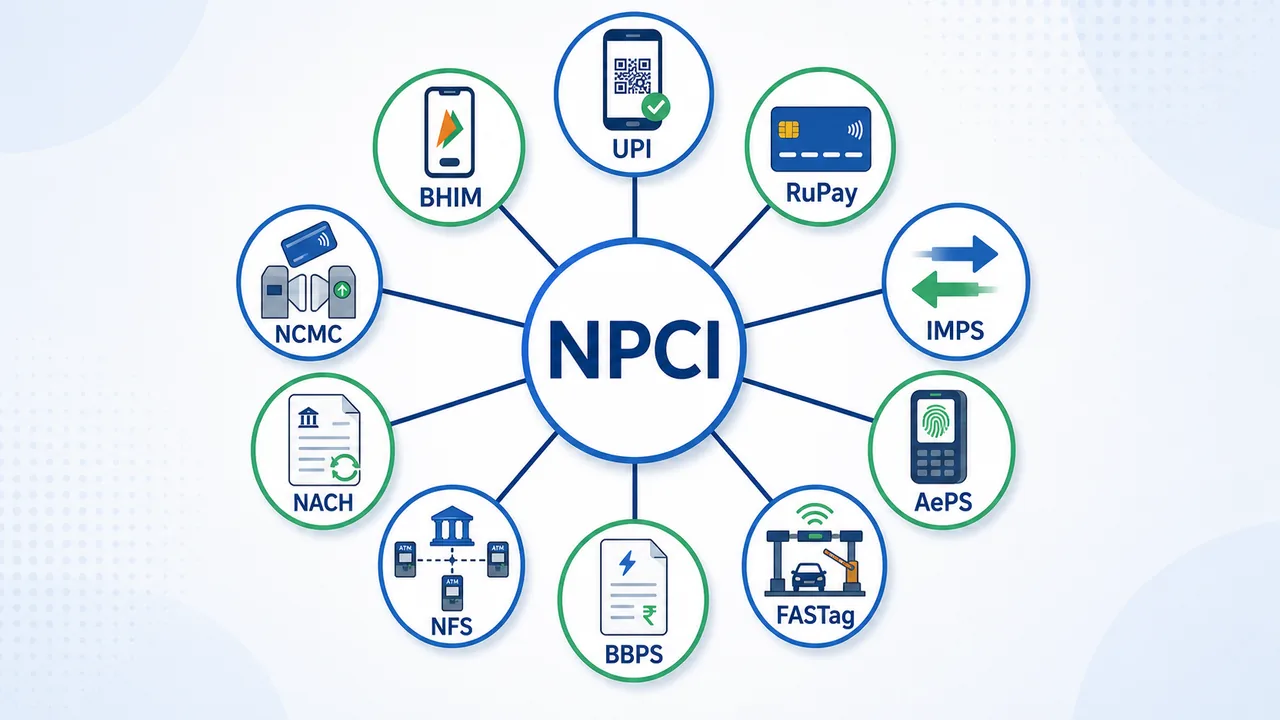 NPCI product ecosystem hub showing UPI, BHIM, RuPay, IMPS, AePS, FASTag, BBPS, NFS, NACH, and NCMC around the central umbrella organisation