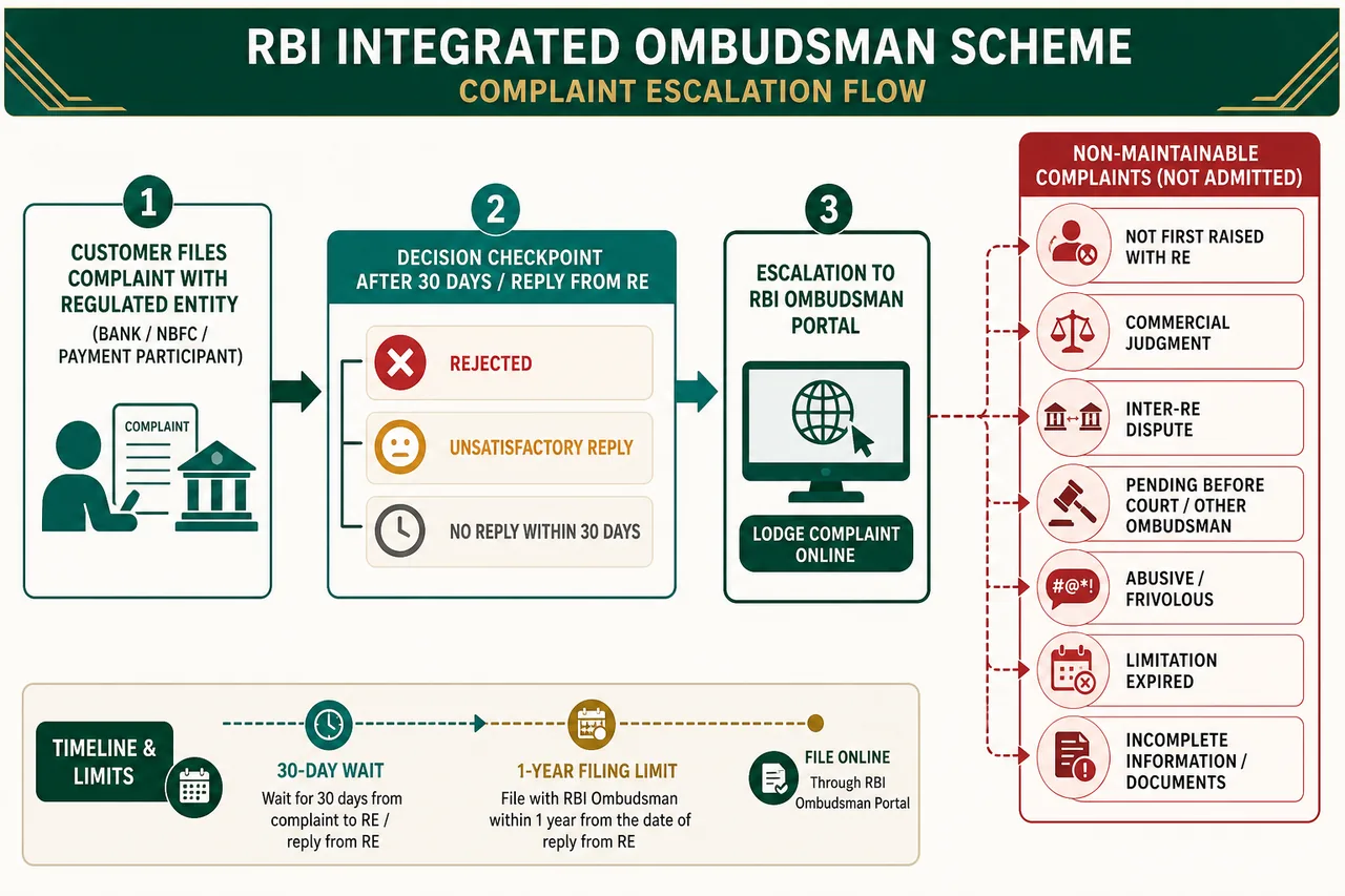 RBI Integrated Ombudsman Scheme complaint escalation flow showing complaint to the regulated entity, 30-day response checkpoint, escalation to the Ombudsman, and non-maintainable branches