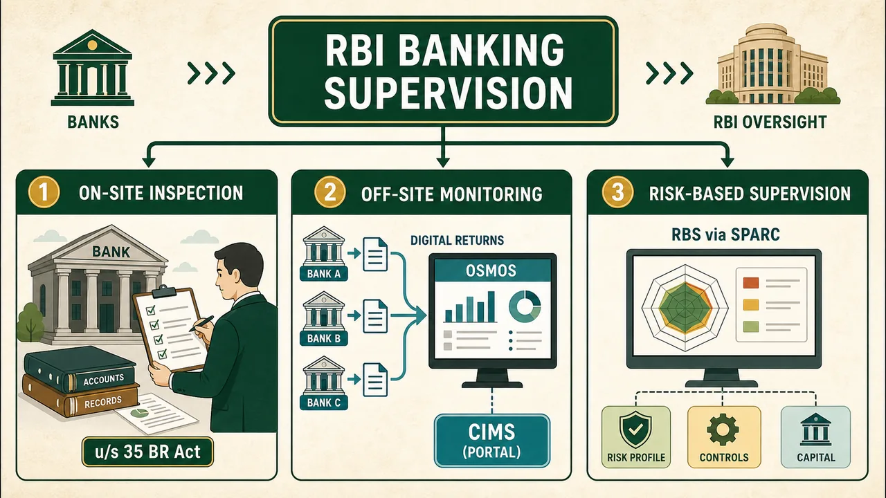 RBI banking supervision map showing on-site inspection, OSMOS and CIMS off-site monitoring, and risk-based supervision through SPARC