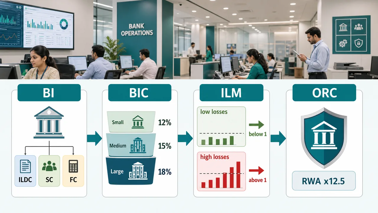 Operational risk capital flow in banking showing BI inputs, BIC bucket coefficients, ILM loss history adjustment, and final ORC with RWA conversion