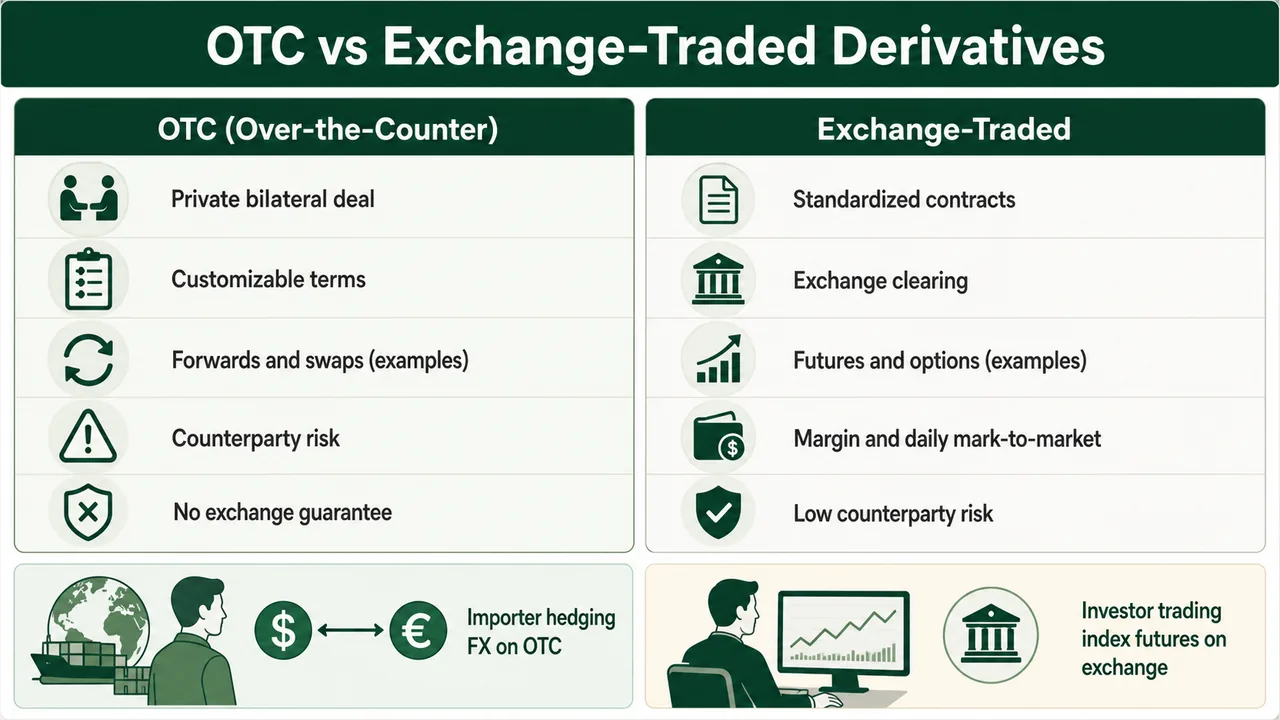OTC versus exchange-traded derivatives comparison for banking exam concepts such as customization, counterparty risk, and margin settlement