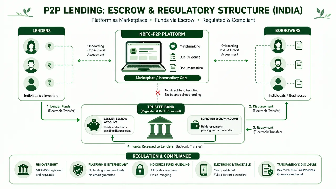 P2P lending escrow structure showing lenders, NBFC-P2P platform, trustee bank escrow accounts, borrowers, and regulated electronic fund flows