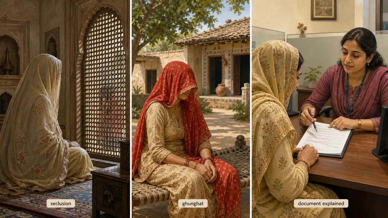 Pardanashin women in Indian cultural settings and a bank officer carefully explaining a document before execution