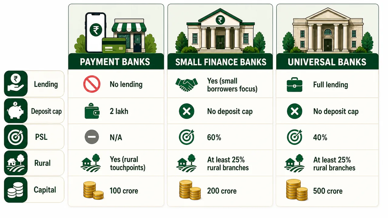 Comparison of payment banks, small finance banks, and universal banks across lending, deposit cap, priority sector lending, rural presence, and minimum capital