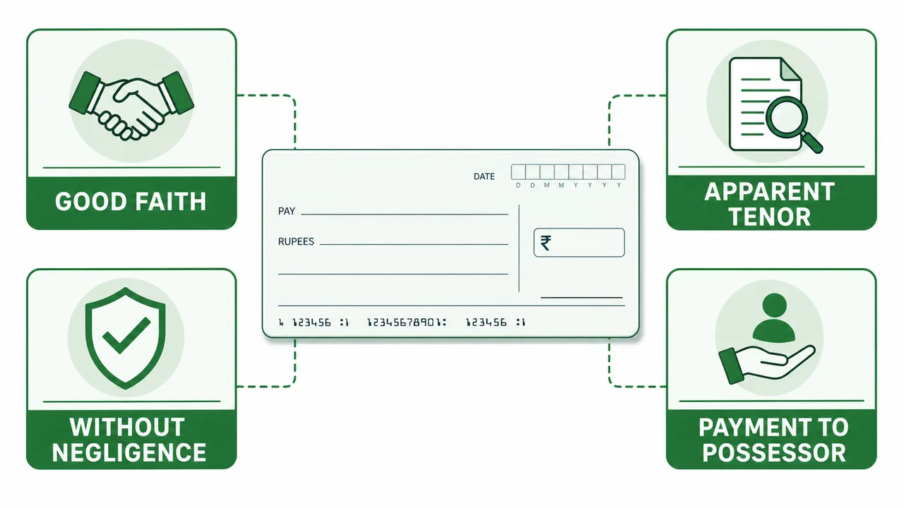 Payment in due course checklist for cheque payment showing good faith, absence of negligence, apparent tenor, and payment to the possessor