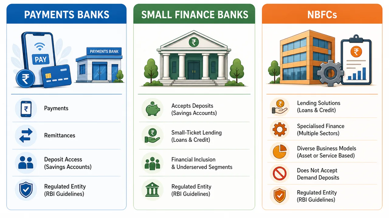 Conceptual comparison of payments banks, small finance banks, and NBFCs showing their payment focus, small-ticket lending role, deposit access, and specialised finance functions