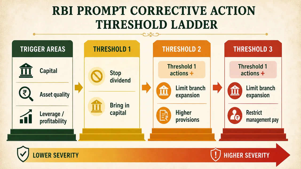 RBI prompt corrective action ladder showing trigger areas and mandatory actions at threshold 1, threshold 2, and threshold 3