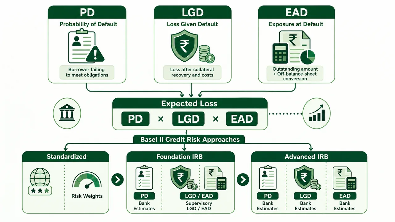 PD LGD and EAD model map showing the expected loss formula and the Basel II standardized, foundation IRB, and advanced IRB approaches