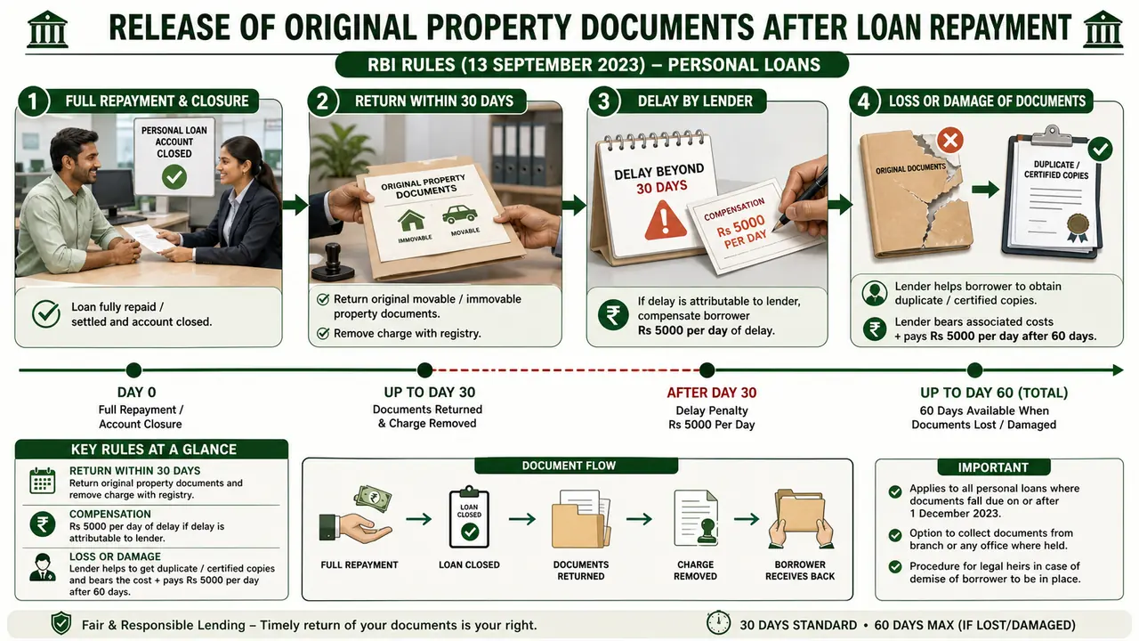 RBI personal loan document release timeline showing full repayment, 30-day return of original property documents, Rs 5000 per day delay compensation, and 60-day rule for lost or damaged documents