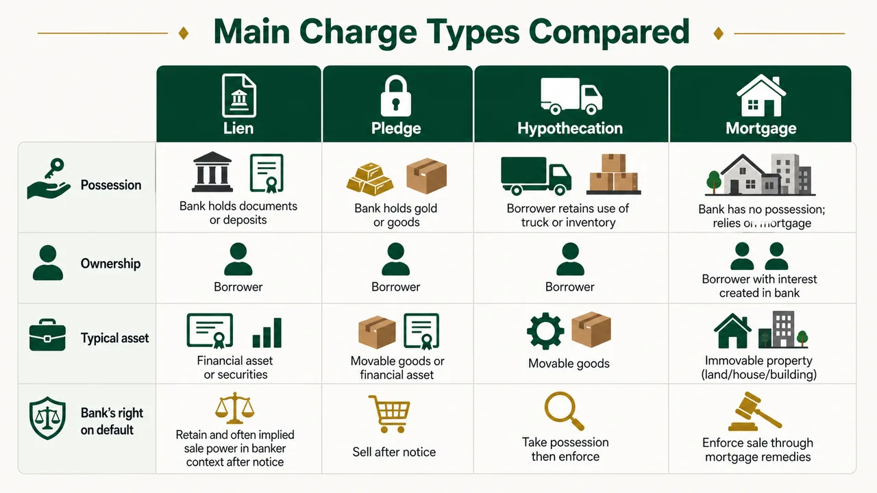 Comparison of lien, pledge, hypothecation, and mortgage showing possession, ownership, typical asset, and bank rights on default in banking law