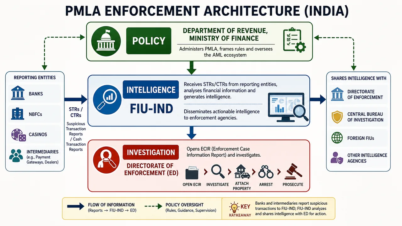 PMLA enforcement architecture in India showing Department of Revenue policy oversight, FIU-IND financial intelligence, and Enforcement Directorate investigation flow