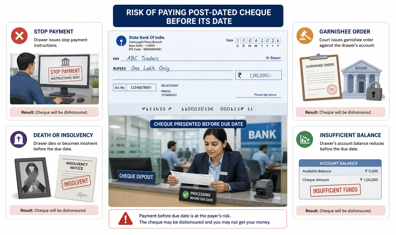 Post-dated cheque paid early showing risks like stop payment, insolvency, garnishee order, and other cheque dishonour