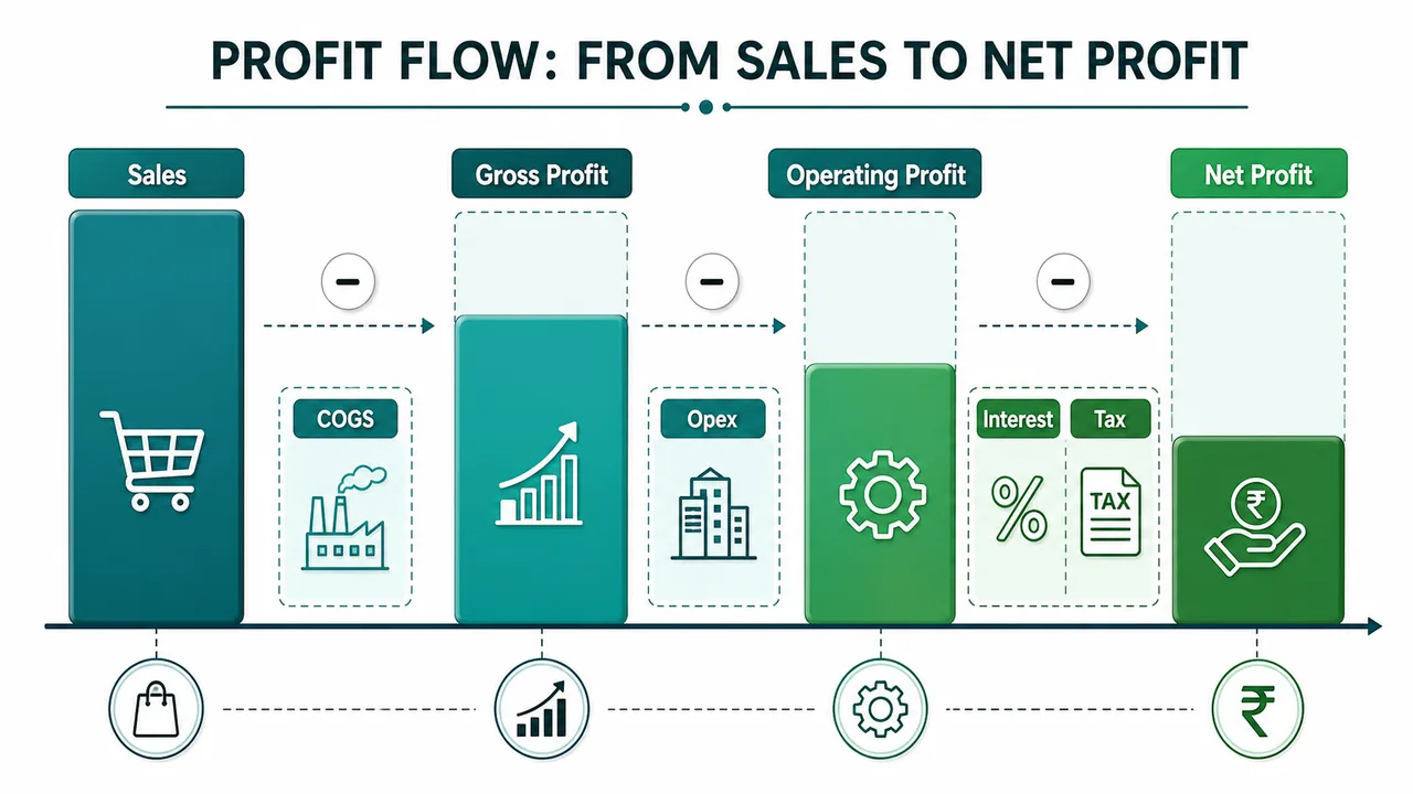 Profit flow in banking exams from sales to gross profit, operating profit, and net profit after key deductions
