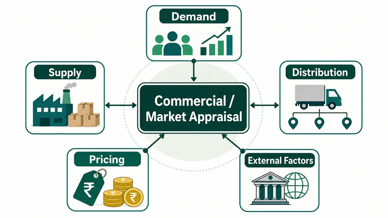 Commercial market appraisal map for project appraisal linking demand, supply, distribution, pricing, and external factors
