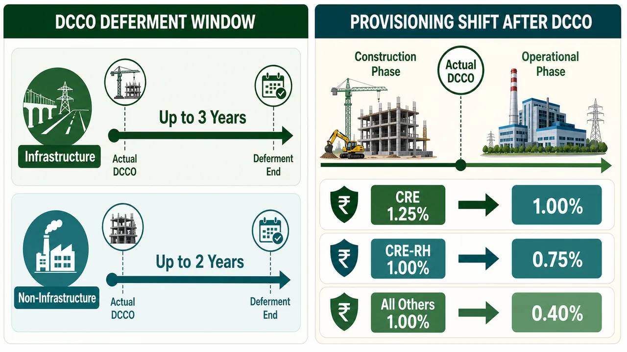 DCCO deferment and provisioning comparison showing up to three years for infrastructure, up to two years for non-infrastructure, and lower standard-asset provisioning after actual DCCO