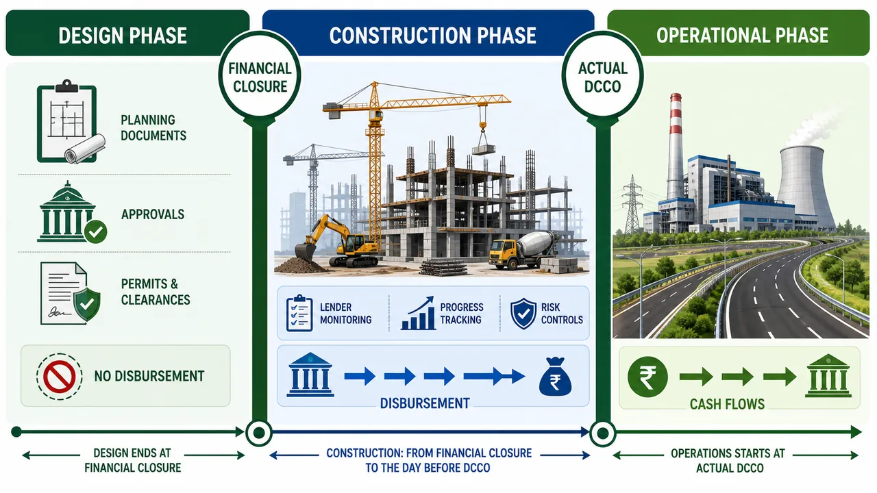 Project finance lifecycle showing design phase up to financial closure, construction phase up to actual DCCO, and operational phase after commercial operations begin