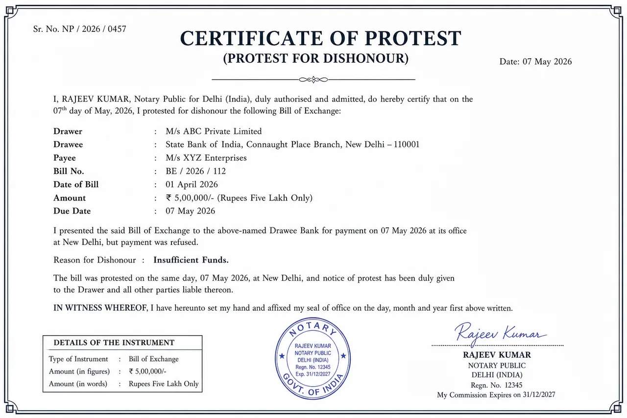 Formal notary protest certificate for dishonour of a bill of exchange in banking law