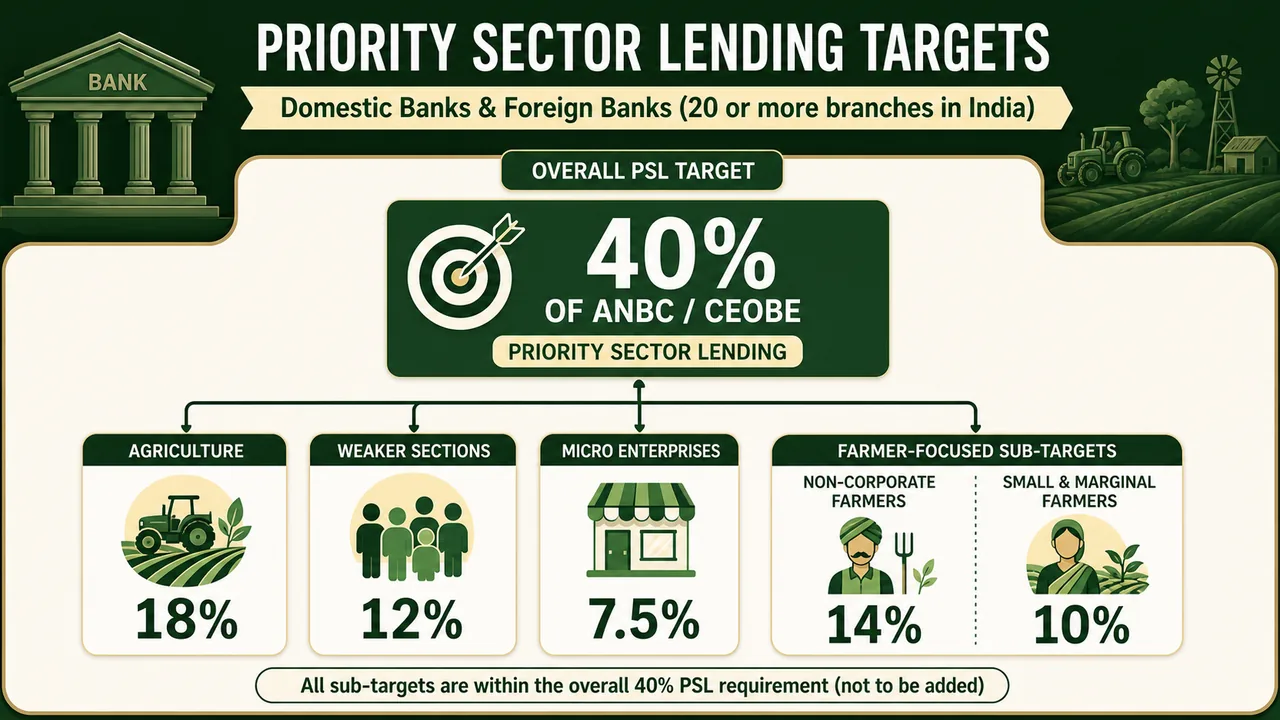 Priority sector lending target chart for domestic banks and foreign banks with twenty or more branches showing the 40 percent overall target and key agriculture, weaker sections, micro enterprise, and farmer sub-targets