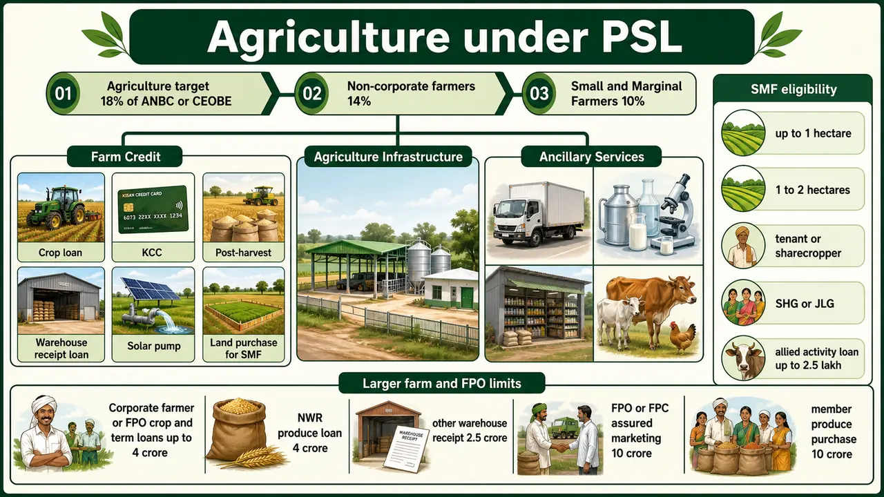 Agriculture priority sector lending revision board showing the 18 percent agriculture target 14 percent non corporate farmer target 10 percent small and marginal farmer target with farm credit infrastructure ancillary services and SMF eligibility cues