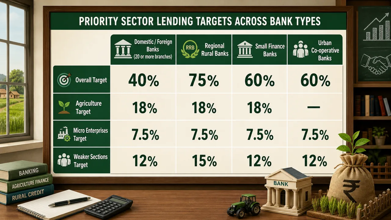 Priority sector lending target comparison across domestic banks foreign banks with twenty or more branches RRBs small finance banks and urban co operative banks