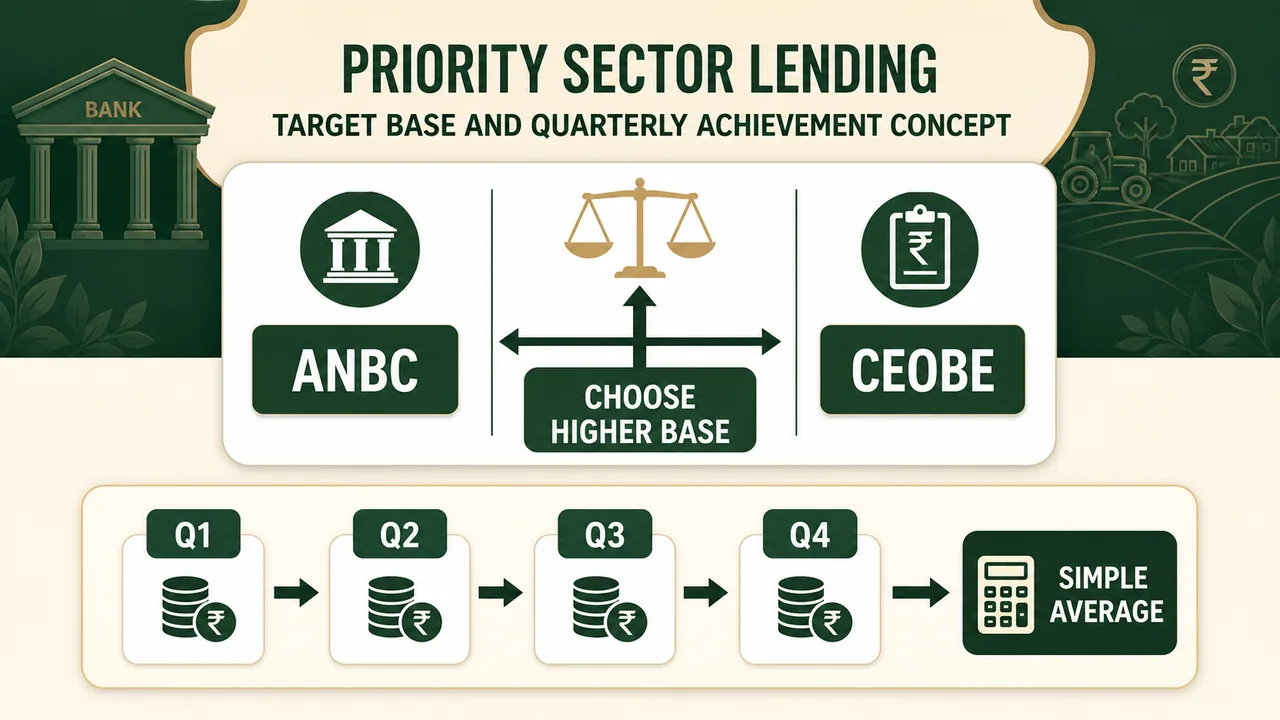 Priority sector lending target base showing ANBC versus CEOBE with the higher base selected and quarterly PSL outstandings averaged across four quarters