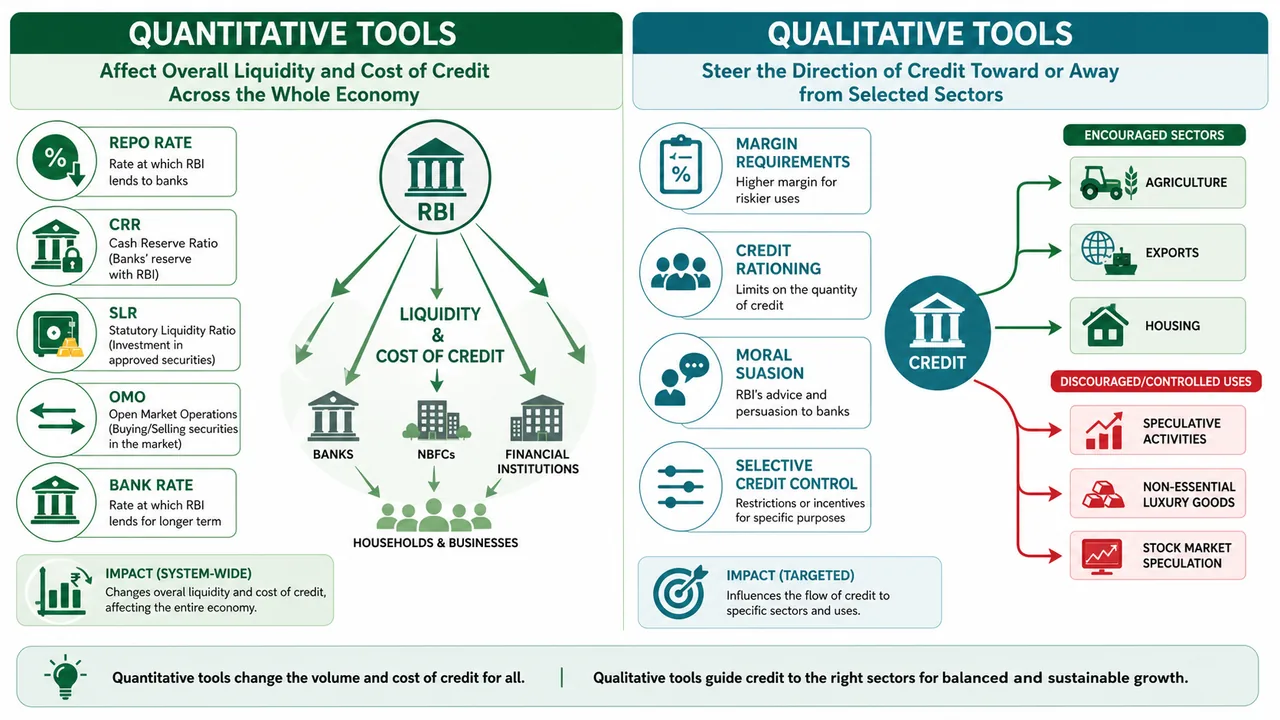 Comparison of quantitative and qualitative monetary policy instruments showing system-wide liquidity tools versus sector-directed credit controls