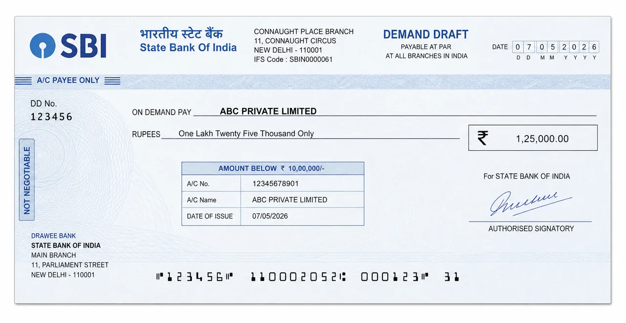 Realistic specimen of an Indian bank demand draft showing payee line, amount fields, draft number, and bank-issued format