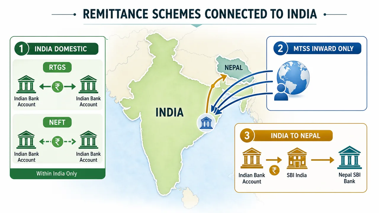 Remittance schemes map showing domestic RTGS and NEFT within India, MTSS inward-only remittances into India, and the India-to-Nepal remittance corridor