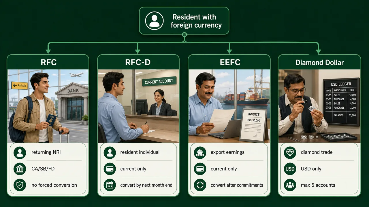 Resident foreign currency deposit account map showing RFC, RFC-D, EEFC, and Diamond Dollar account use cases in banking