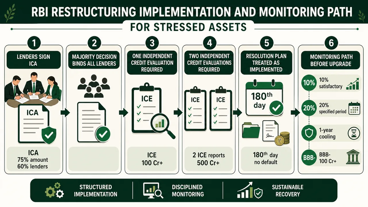 RBI restructuring monitoring path showing ICA, ICE thresholds, implementation conditions, satisfactory performance, specified period, cooling period, and rating requirement before upgrade